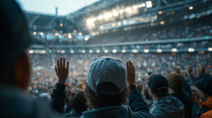 Crowd of fans cheering with hands raised at a brightly lit stadium event