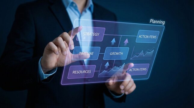 A businessman in a suit interacting with a futuristic digital interface for planning and strategy