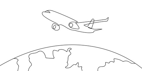 The continuous artistic lines of an airplane in international flight. One line drawing minimalist Editable stroke.