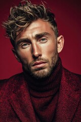 Fototapeta premium Close-up portrait of a man with blonde hair and blue eyes, wearing a burgundy knit turtleneck and blazer, against a red background. Concept Close-up portrait, Blonde hair and blue eyes