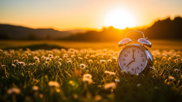 Concept, daylight saving time. Sommer time, winter time, changeover, switch of time. Sommer or winter time. Clock as a timer for celebrations. Spring flowers, grass, blue sky, green trees.