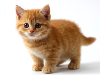 Obraz premium Orange kitten with brown eyes stands on a white backdrop