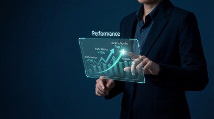 A businessman analyzing performance data on a futuristic digital screen with a graph and statistics