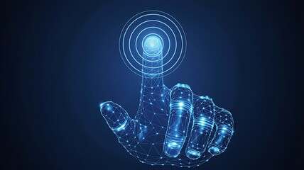Digital Wireframe Hand Reaching Up to Touch a Glowing Target Interface Representing User Interaction and Modern Biometric Access Control