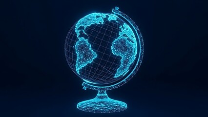 Glowing Blue Wireframe Desk Globe Representing Global Connectivity International Business and Worldwide Digital Network Infrastructure