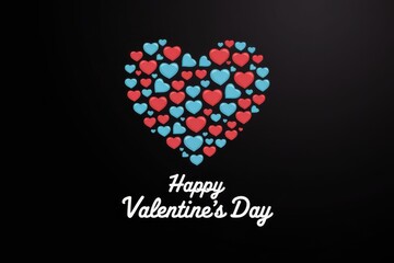 Large heart made of smaller red and blue hearts on black background with Happy Valentines Day text