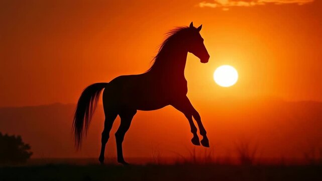 Horse silhouette prancing against orange sunset. Concept of freedom, strength, equestrian business, art.