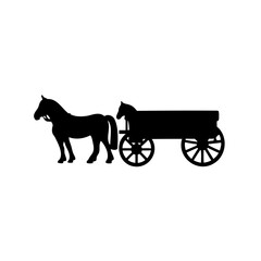 black silhouette of horse drawn carriage on white background