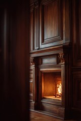 Naklejka premium Ornate dark wood paneling surrounds a carved fireplace with a warm fire burning. Concept Cozy Fireside, Ornate Wood Paneling, Carved Fireplace, Warm Ambience, Elegant Interiors
