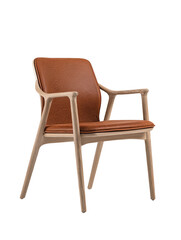 Armchair light wood frame, brown leather seat and back, modern design