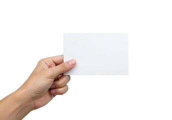Obraz premium A hand holding a blank white card on a plain white background for mockup or design purposes.