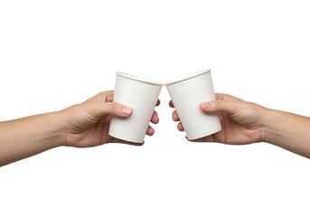 Two hands clinking paper cups together in a toast on a white background