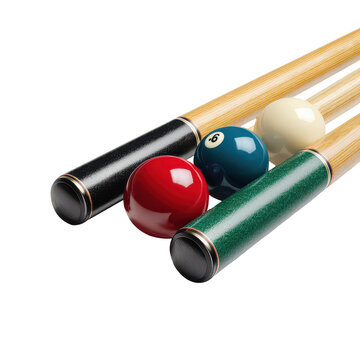 Pool cues and balls rest on a table in a game room during the afternoon