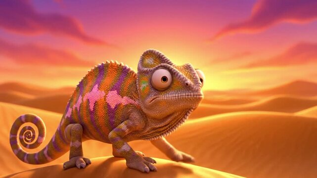 Colorful animated chameleon character with expressive eyes navigating a golden desert at sunset. This whimsical illustration captures a vibrant animal adventure