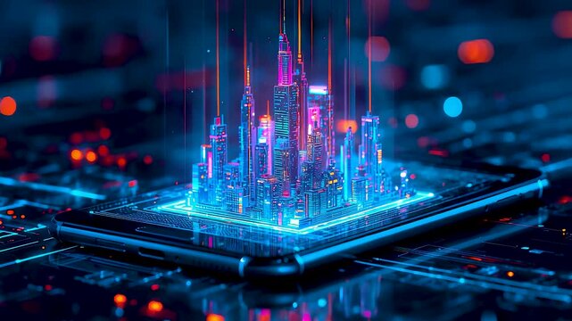 Glowing digital microchip with rising data structures and luminous connections showcasing advanced computing power artificial intelligence and modern technology