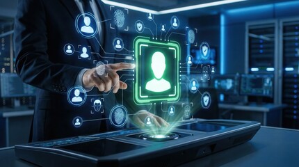 Futuristic digital identity verification system,user recognition interface with biometric data,fingerprint and facial recognition security technology