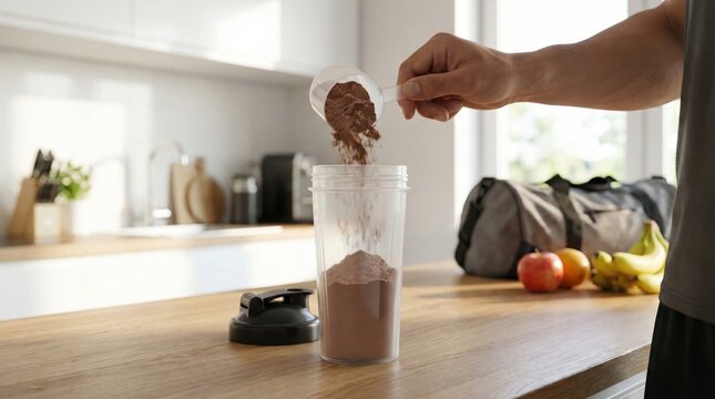 Healthy lifestyle concept,man preparing protein shake in modern kitchen with gym bag and fresh fruits in background