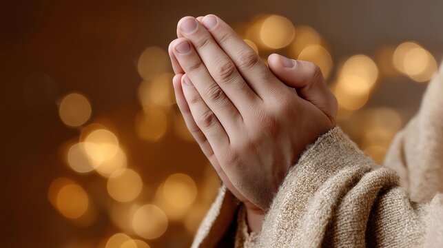 A person is praying with their hands clasped together. The image has a spiritual and peaceful mood