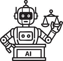 Obraz premium Artificial intelligence judge robot behind a podium holding scales of justice for legal automation.