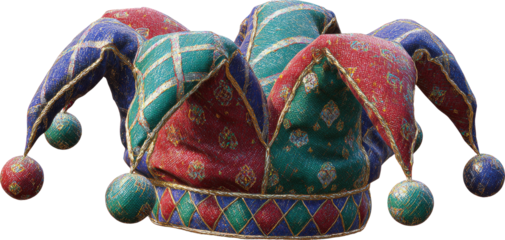 Colorful Jester Hat with Bells, Evoking Medieval Festivity and Playfulness