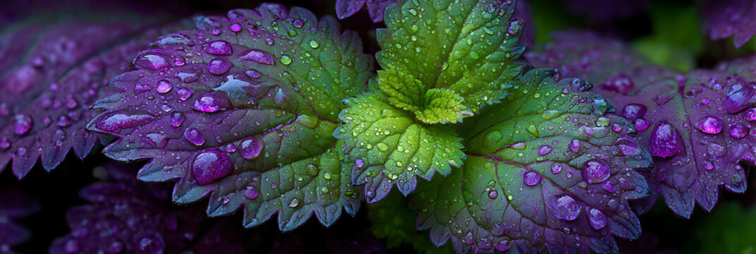 Vibrant macro close-up of serrated leaves adorned with luminous dew drops, contrasting deep purple and vivid green foliage after a rain shower.