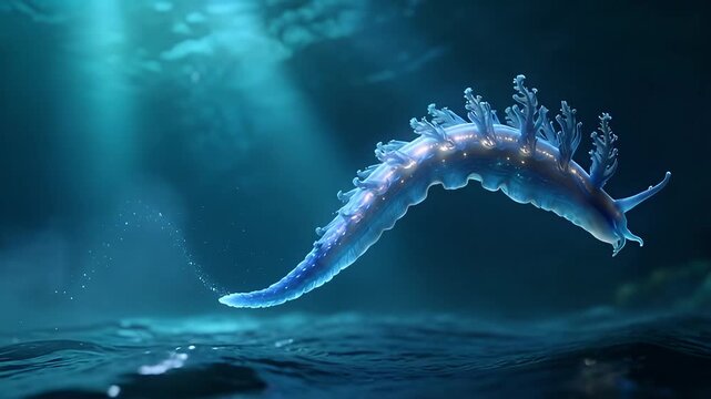 Mesmerizing Blue Dragon Nudibranch Glaucus Atlanticus gracefully swimming in deep ocean waters.