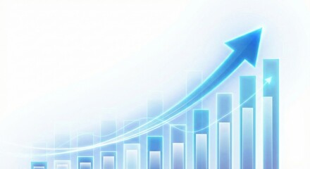 Abstract growing business chart with upward arrow,financial success and market growth concept,blue glowing bar graph data visualization