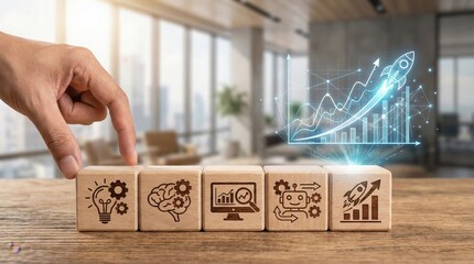 Business development strategy and growth plan concept,hand moving wooden blocks with digital chart overlay,success in innovation and market analytics