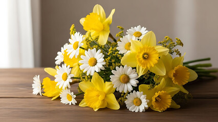 Beautiful bouquet of yellow daffodils and white daisies on table