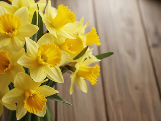 Beautiful bouquet of yellow daffodils on wooden background