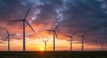 Wind turbines on a field at sunset. Renewable energy production by wind farm. Global warming, ecology, sustainable development concept.