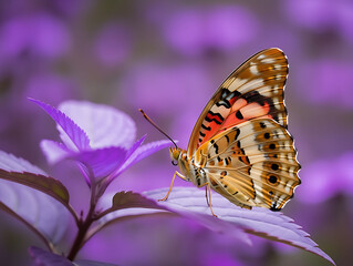 Beautiful butterfly sitting on purple leaf in garden with flowers