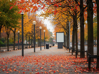 Autumn leaves on sidewalk with street lamps and billboard