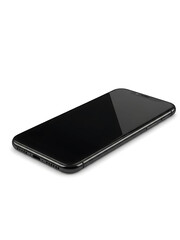 Black smartphone with blank screen on white background  side view