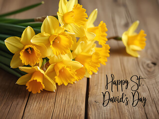 Bunch of yellow daffodils on wooden table for St Davids Day