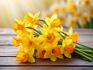 Bunch of yellow and orange daffodils on wooden table outdoors