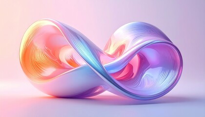 Abstract infinity loop with iridescent colors and smooth surface.