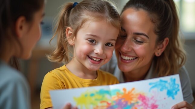 Proud Child Showing Colorful Painting with Supportive Adults in Creative Learning Space