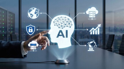AI technology interface concept with human hand interacting with artificial intelligence icons in futuristic digital business environment