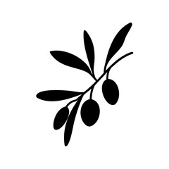 simple black and white illustration of olive branch with olives