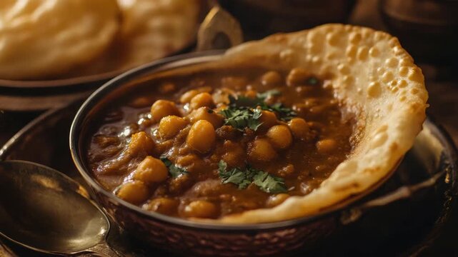 Close-up view of chickpea curry with pita bread.