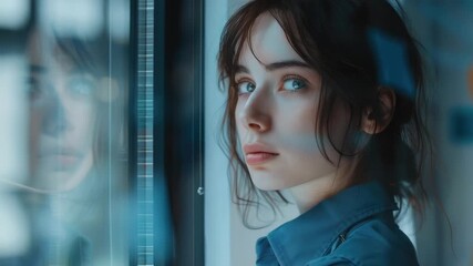 A young woman with a thoughtful expression gazing into the distance in an urban setting with digital glitch effects.