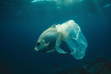 Fototapeta premium Plastic pollution concept. Save the ocean fish in plastic bag ai generated