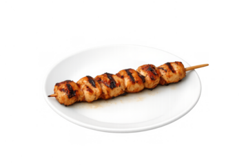 Grilled chicken skewer on a white plate, delicious barbecue yakitori meat meal ready to serve with transparent background