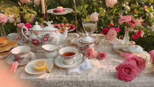Charming garden tea party video, captured from a high angle, showcasing elegant vintage tableware