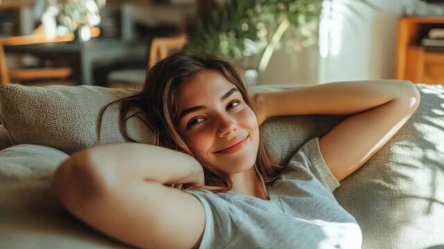 In the , there is a young woman who appears relaxed and content. She has her head resting on one hand, which suggests she is in a comfortable or familiar environment