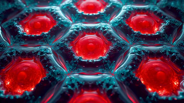 Glowing red hexagonal structures arranged in repeating pattern with metallic texture showing high intensity energy network and advanced material design