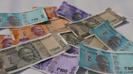 Obraz premium Indian Rupee Collection: Close-up of Colorful Money for Economy and Business