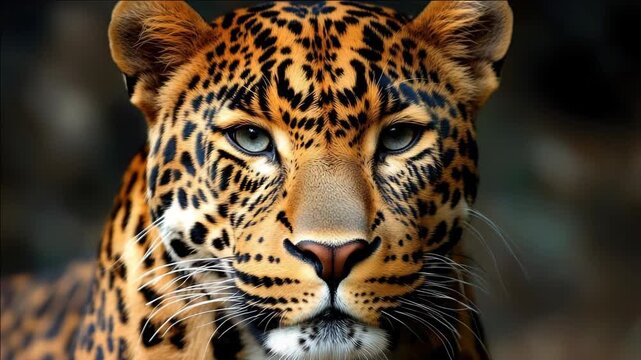 Close-up portrait of a majestic jaguar with intense blue eyes and distinctive spotted fur.