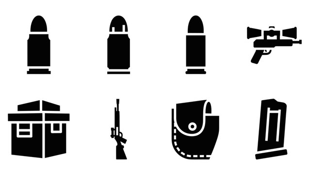 Silhouette bullet and weapon icons set for gaming and military themes